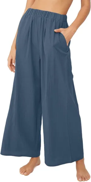 yoeasy Women Wide Leg Linen Elastic Waist Pants Casual Loose Palazzo Beach Trousers