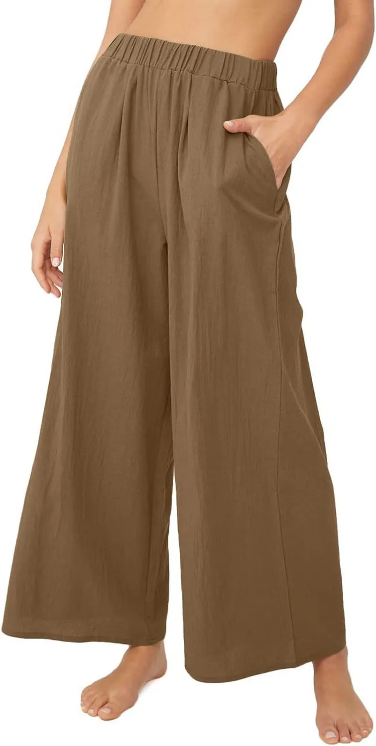 yoeasy Women Wide Leg Linen Elastic Waist Pants Casual Loose Palazzo Beach Trousers