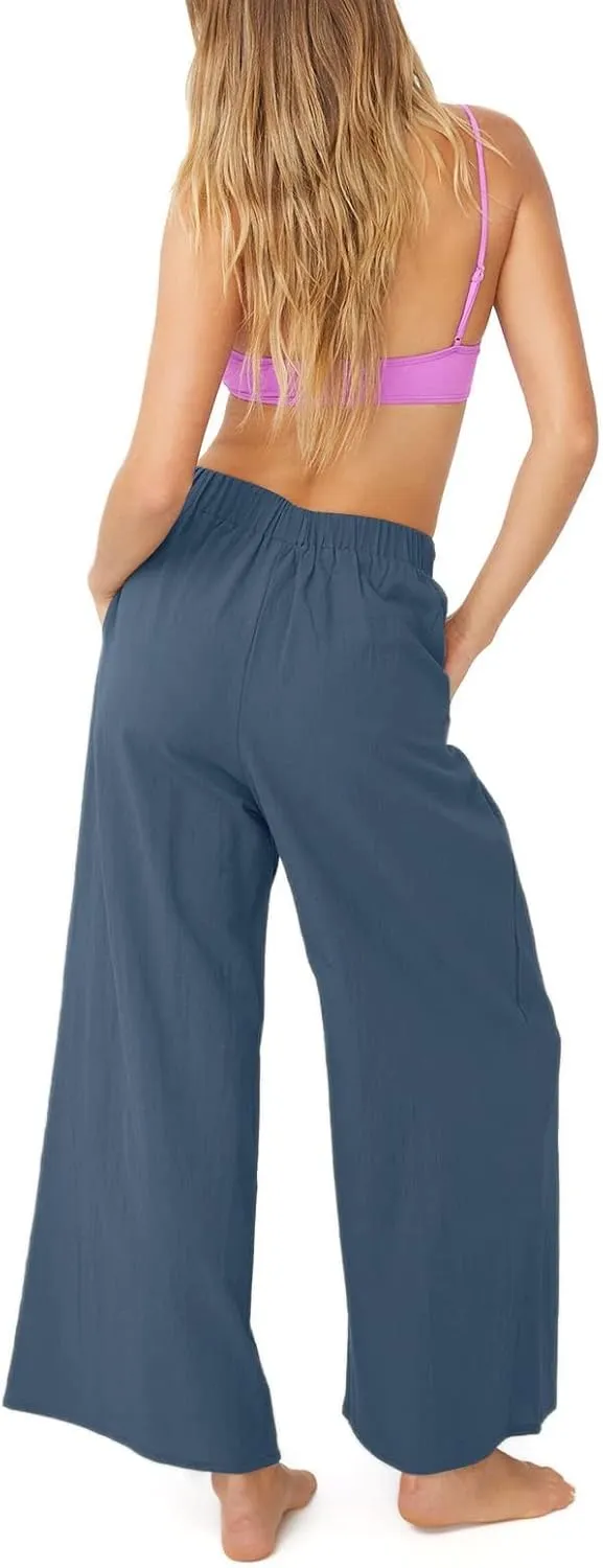 yoeasy Women Wide Leg Linen Elastic Waist Pants Casual Loose Palazzo Beach Trousers